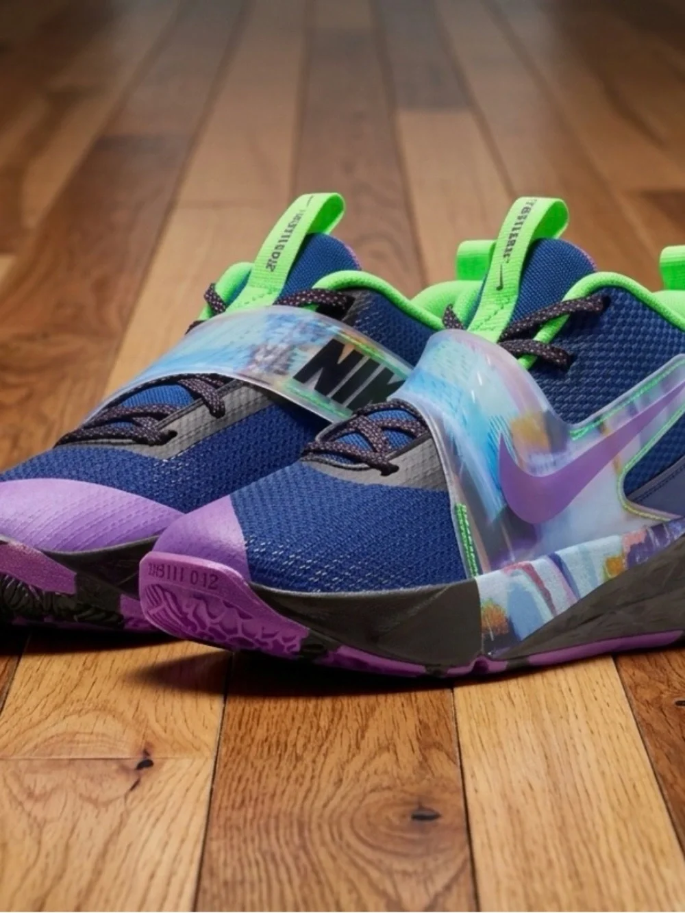 Nike Kids Blue Mesh Sneakers with Purple Swoosh and Green Trim